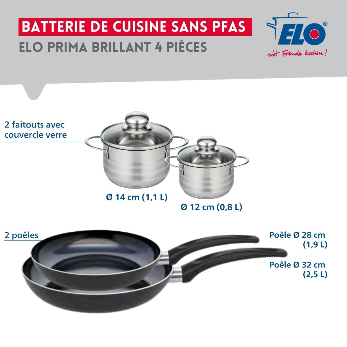 Batterie 2 poêles 28/32cm + 2 faitouts 12/14cm PRIMA BRILLANT noir, ELO