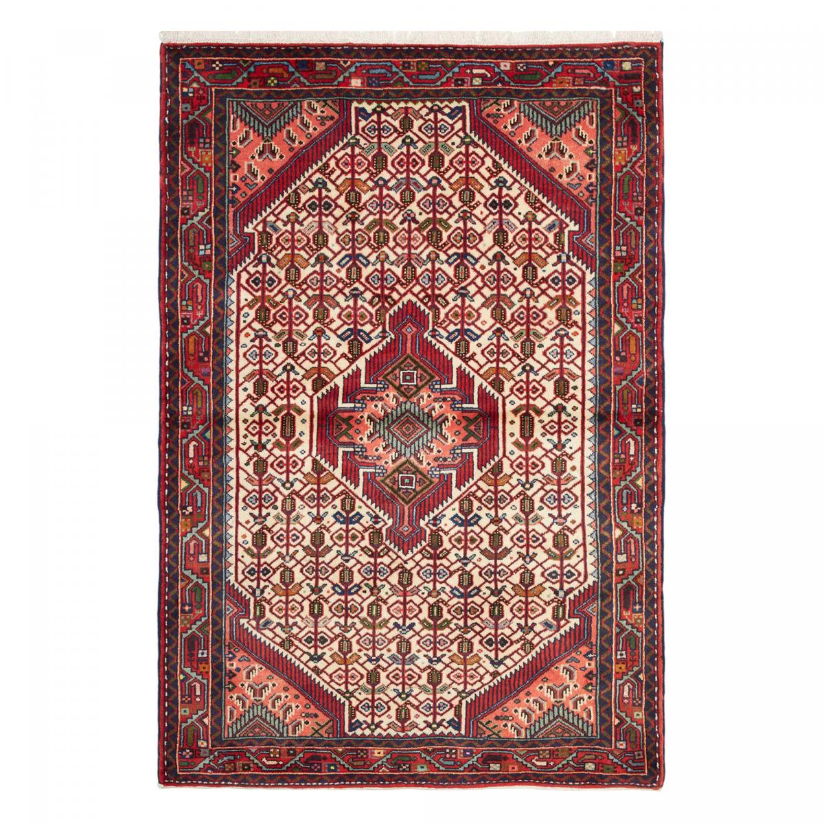 Tapis d'orient au motif oriental, noué main en laine naturelle rouge, crème, bleu, UN AMOUR DE TAPIS