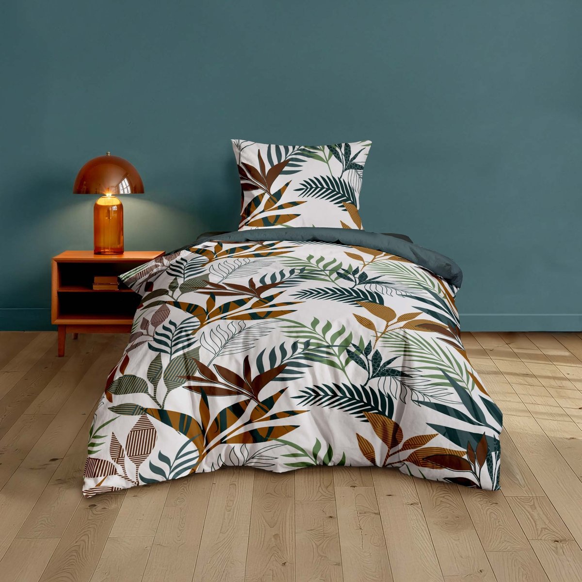 Parure de lit 2 pièces 100% coton à motifs végétaux housse + taie bleu, DOUCEUR D'INTÉRIEUR
