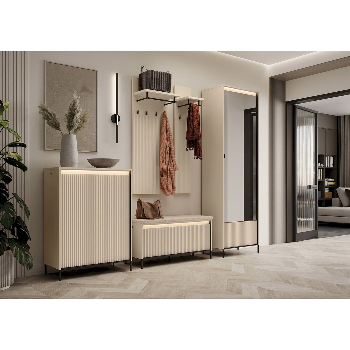 Armoire 1 porte avec miroir et LED, Collection TRE beige sable et noir, RECOLLECTION