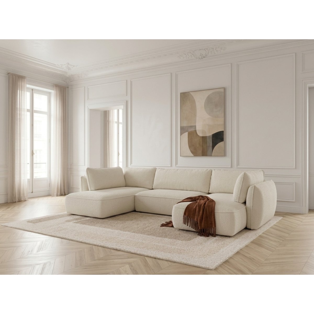 Canapé d'angle convertible 5 places en tissu chenille, ESMEE blanc, BOBOCHIC