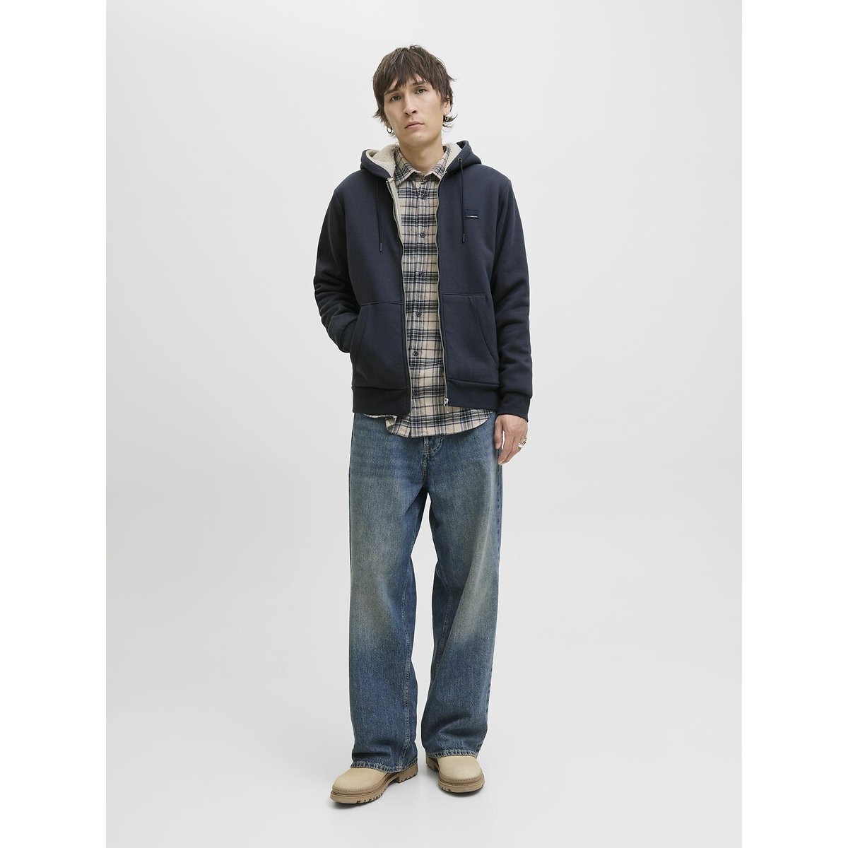 Sweat zippé capuche doublé polaire bleu, JACK & JONES