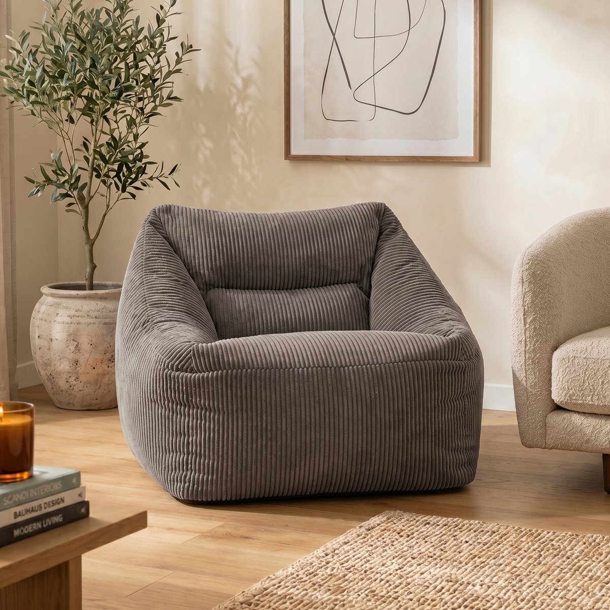 Pouf fauteuil salon velours côtelé Oeko-Tex® - NATALIA gris anthracite, ICON