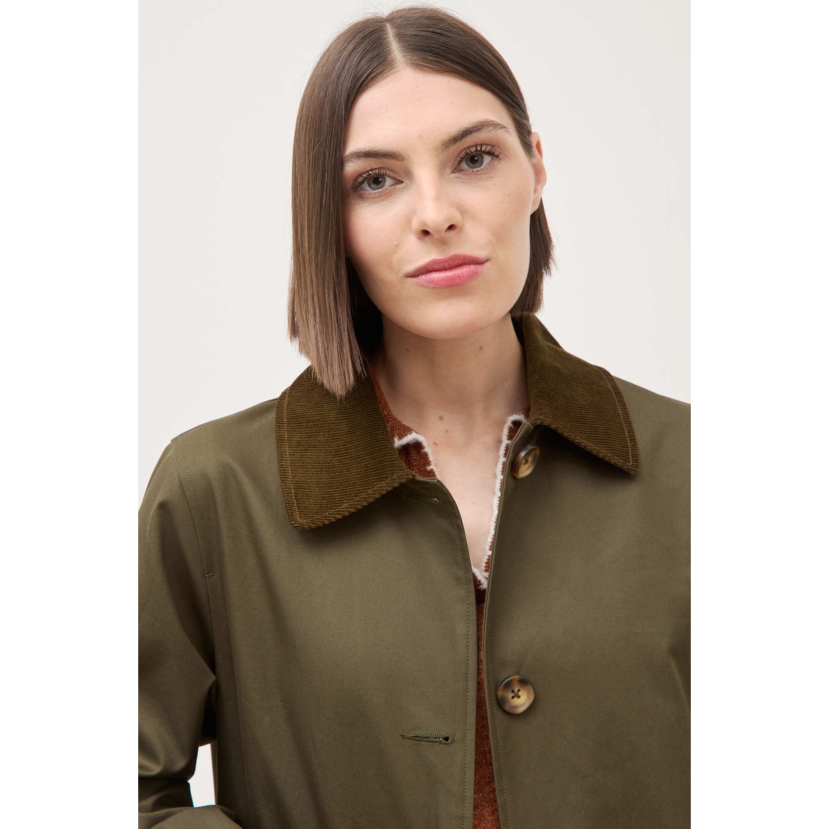 Trench droit long en coton doublé vert kaki, BONOBO