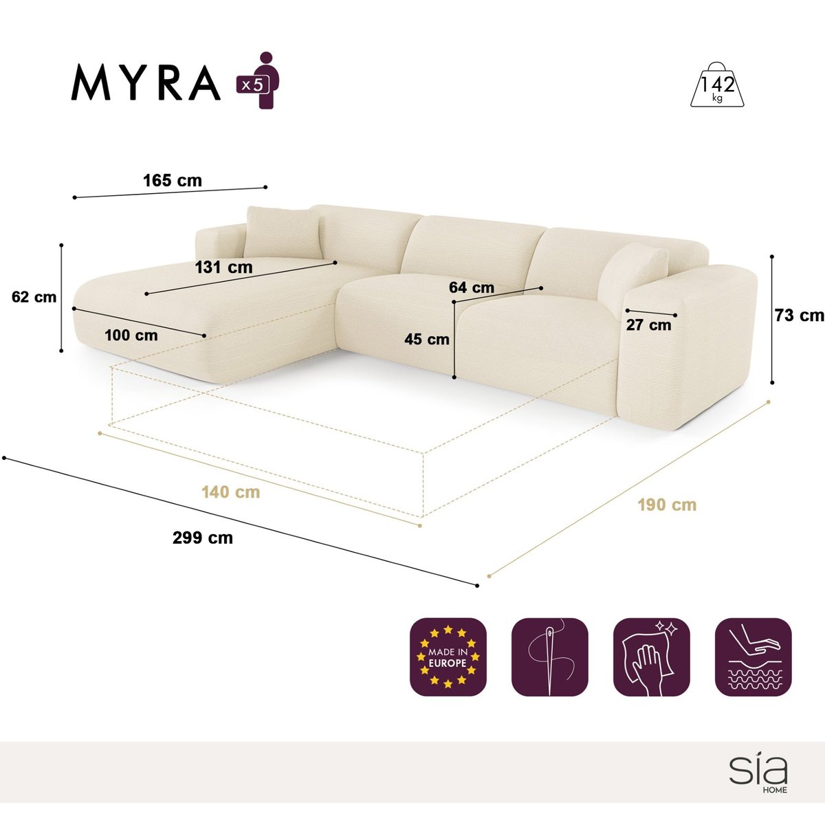 Canapé angle gauche convertible 5 places en velours côtelé MYRA crème, SIA HOME