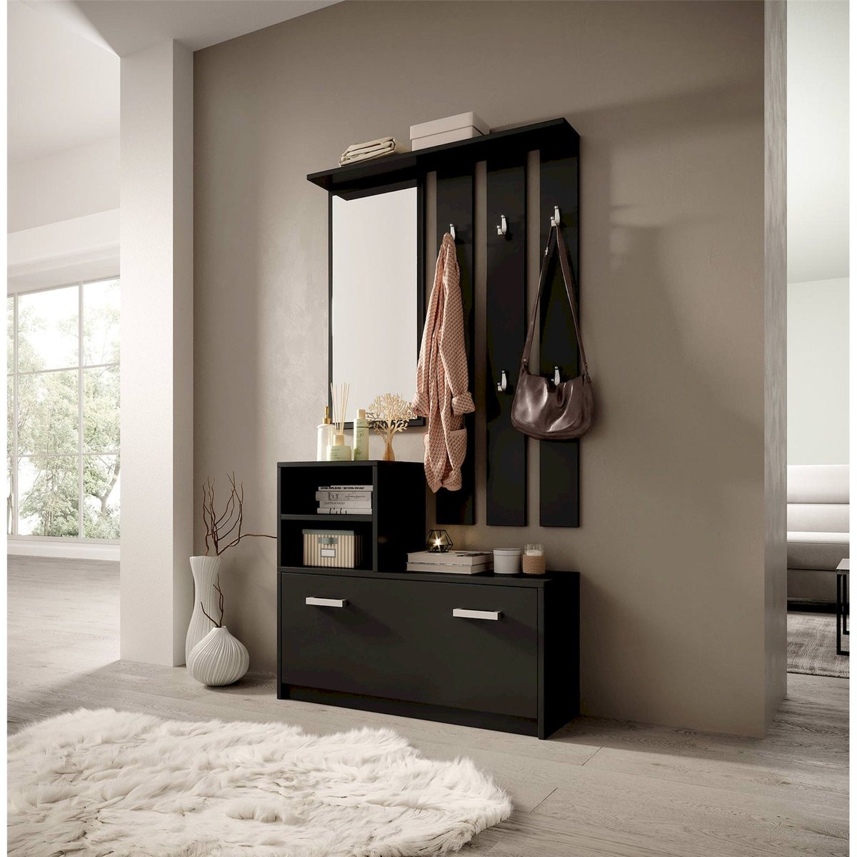 Vestiaire d'entrée avec miroir collection YESFIR noir, RECOLLECTION