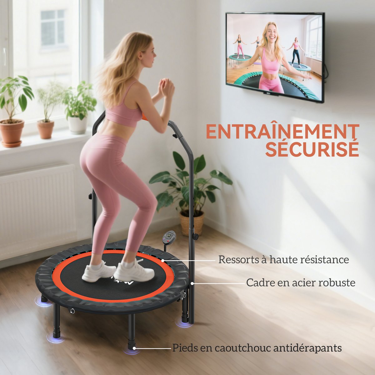 Trampoline de Fitness gym pliable réglable Ø 102 cm écran LCD noir rouge noir, HOMCOM
