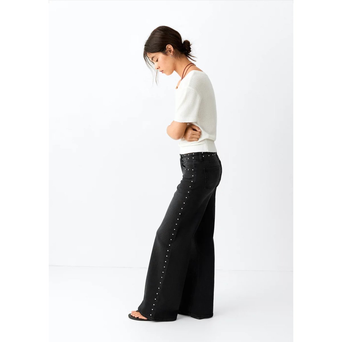 Jean wide leg détails et clous black denim, MANGO TEEN