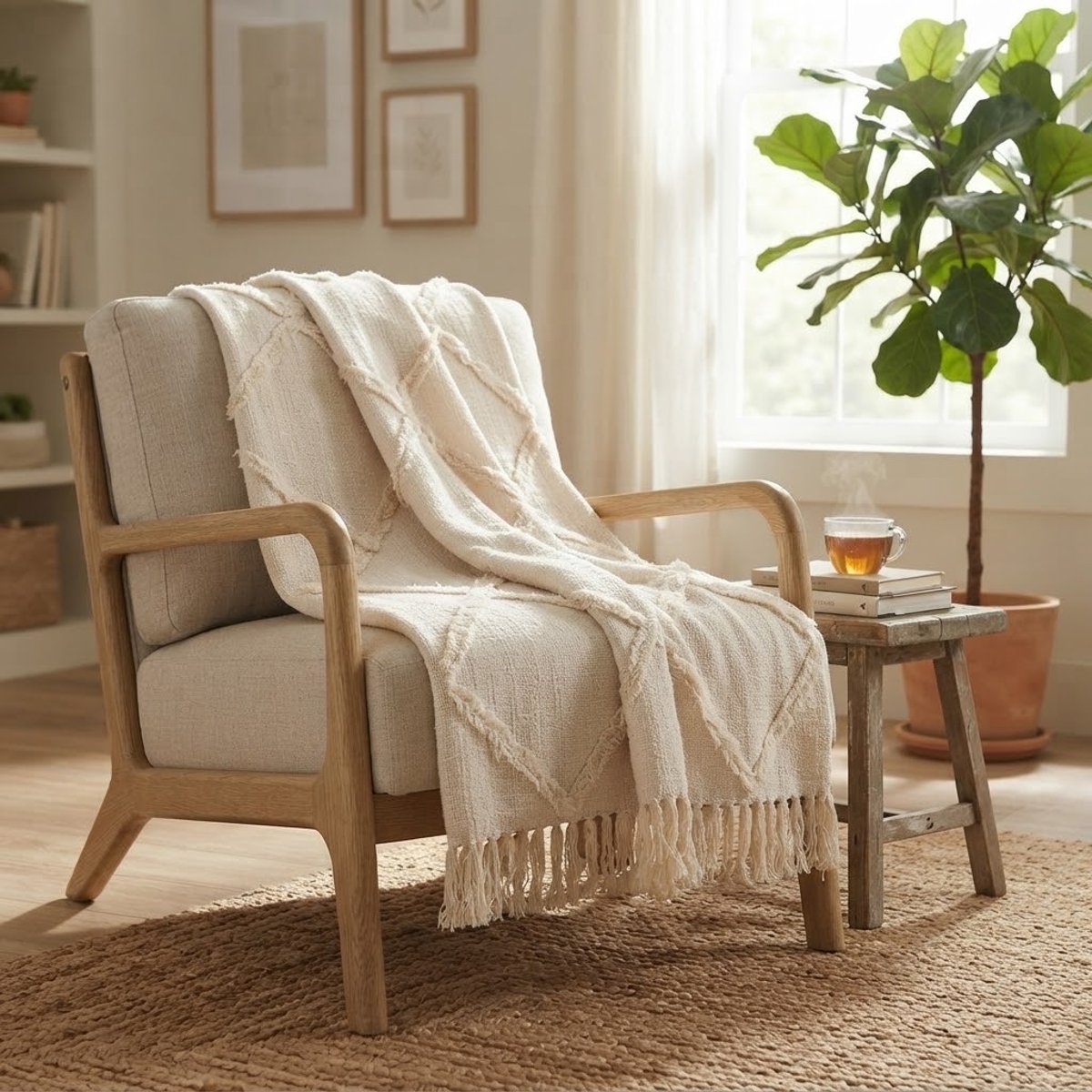 Plaid jeté de lit ou fauteuil en coton Tufté ivoire, EDEN