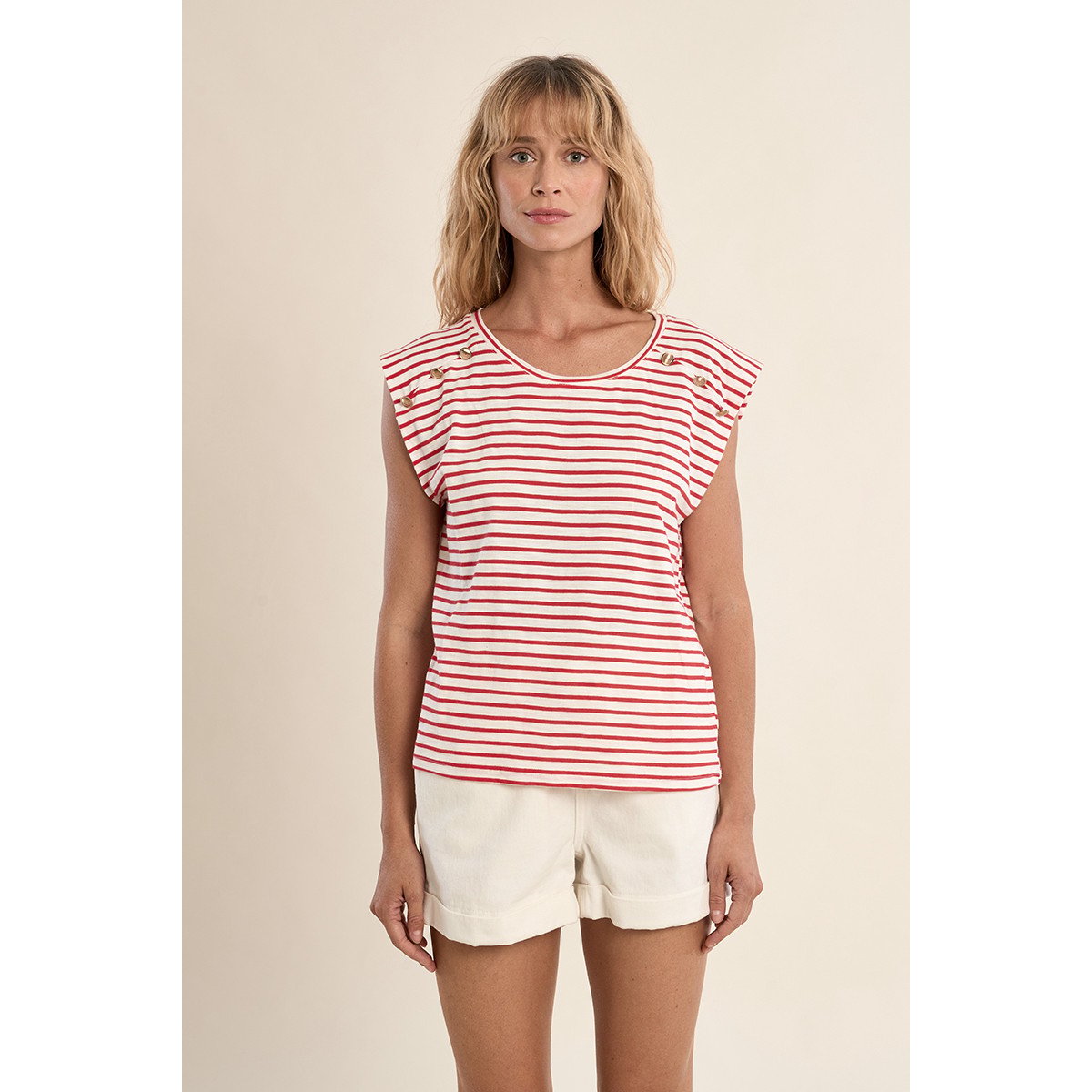 T-shirt marinière en coton avec boutons dorés rouge, MOLLY BRACKEN