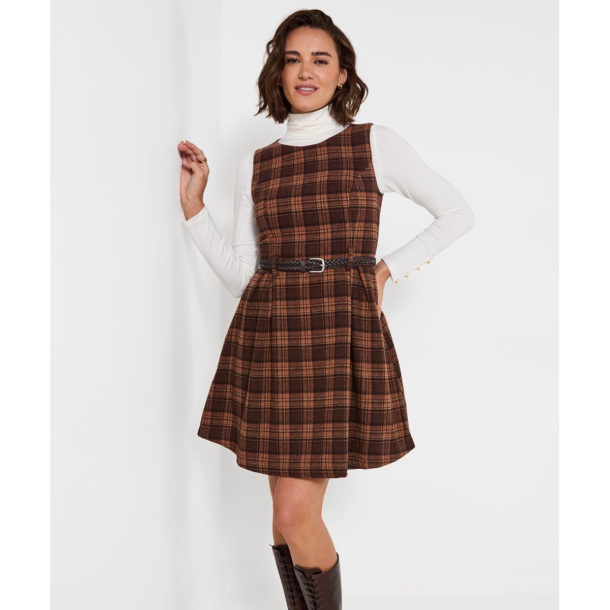 Robe Courte à Carreaux Ceinturée Tradition marron, JOE BROWNS
