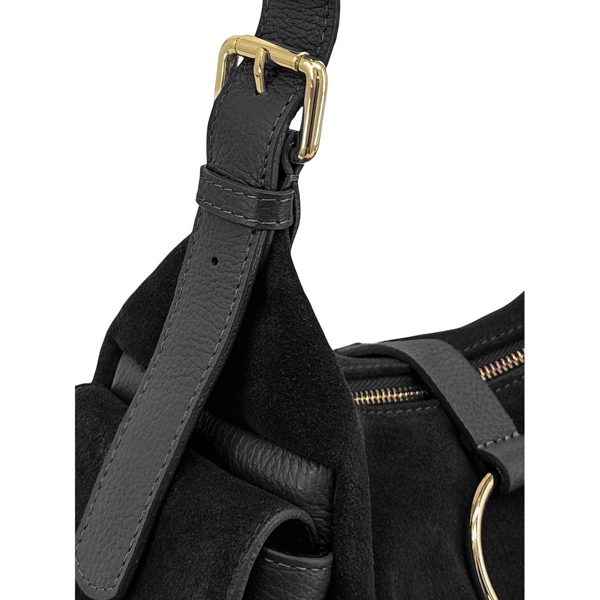 Sac hobo en cuir grainé et cuir velours LARA noir, OH MY BAG