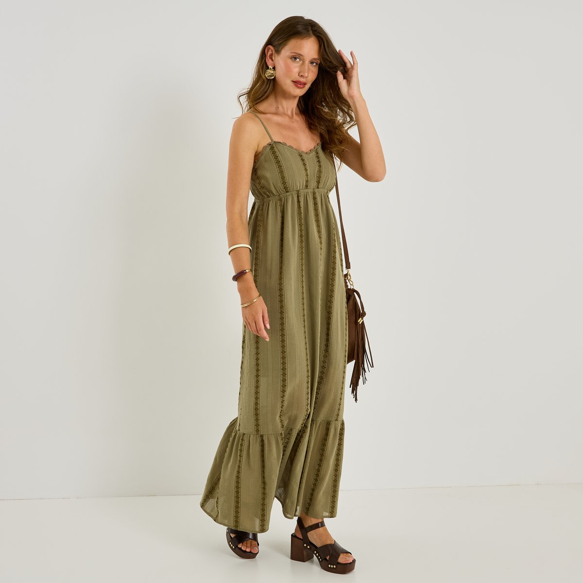 Robe bohème longue à bretelles vert kaki, GRAIN DE MALICE