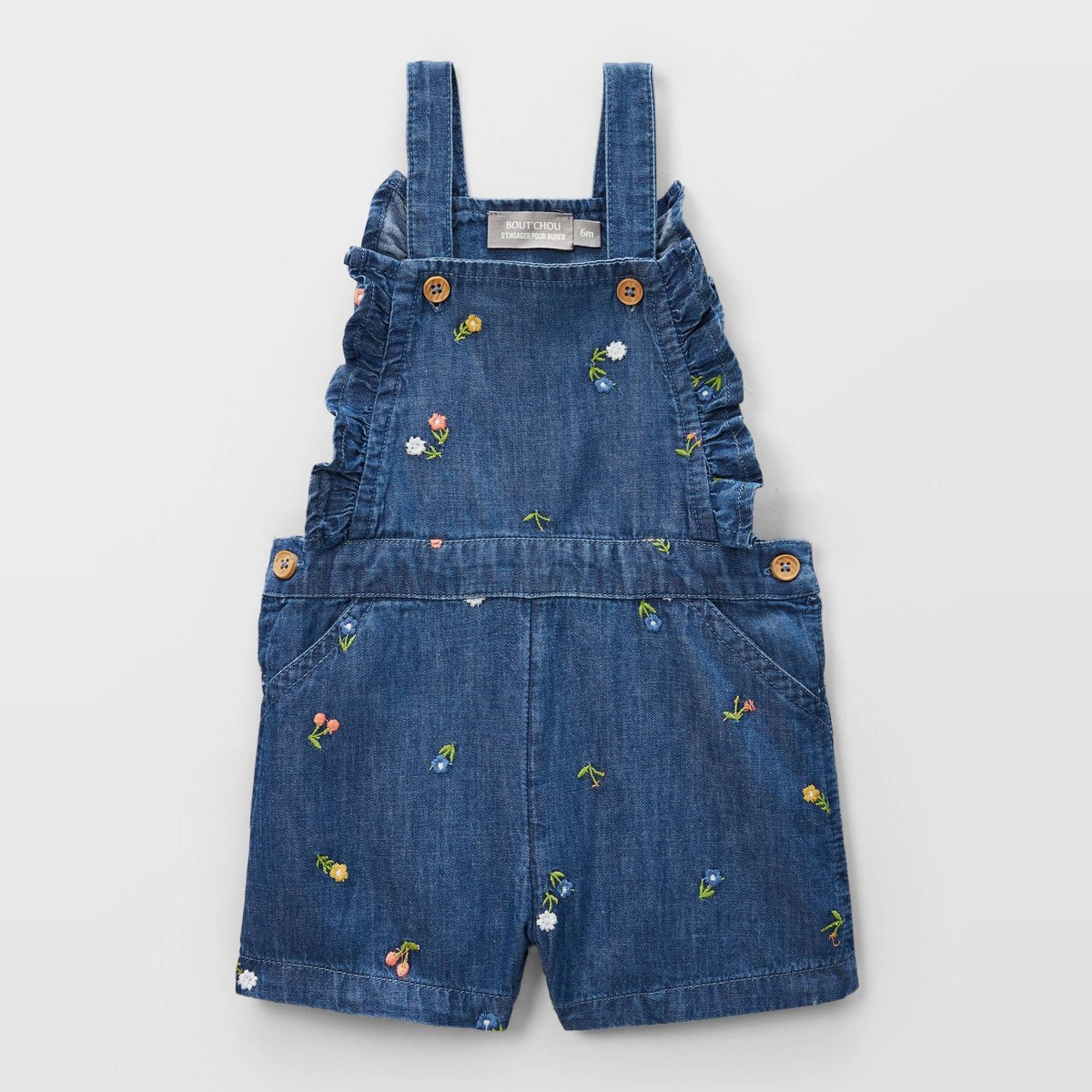 Salopette courte brodée en coton BIO GOTS denim, BOUT'CHOU