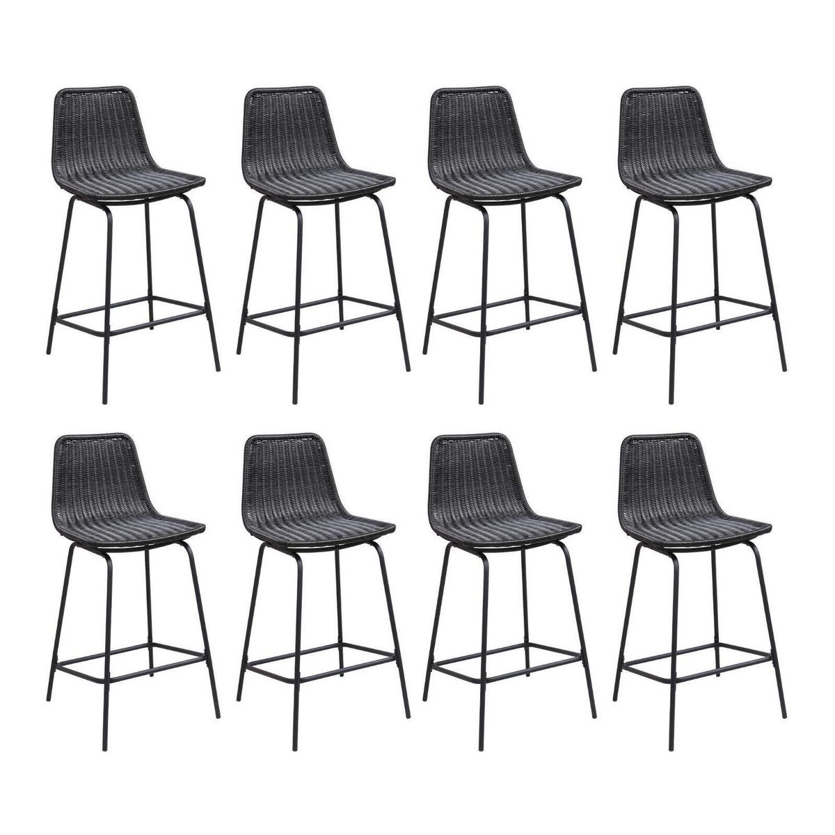 Lot de tabourets d'ilot et bar en métal et assise en rotin 65cm BALI|Lot de 8 | Lot de 8 noir, MOB IN