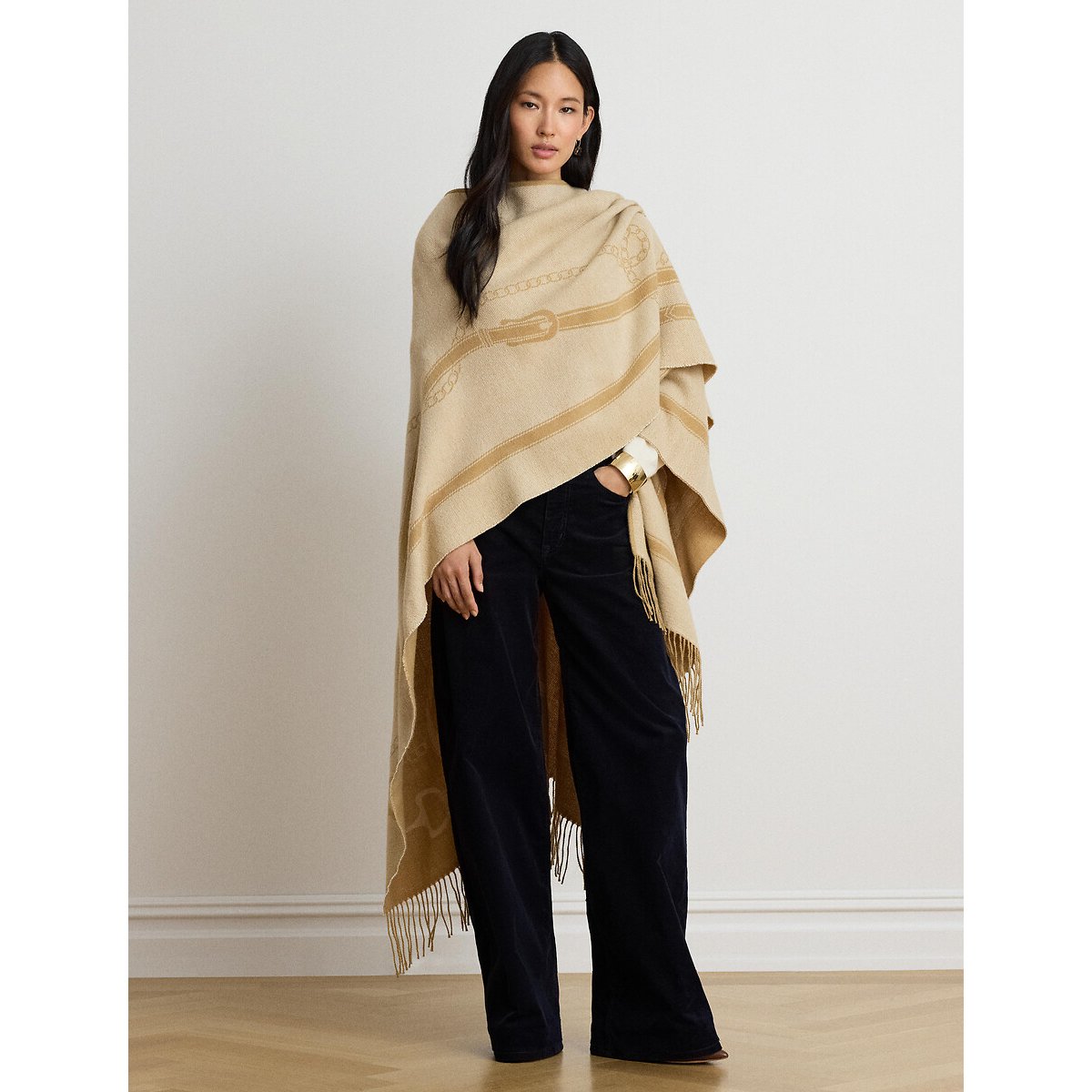 Poncho frangé, réversible, à motif équestre camel/beige, LAUREN RALPH LAUREN