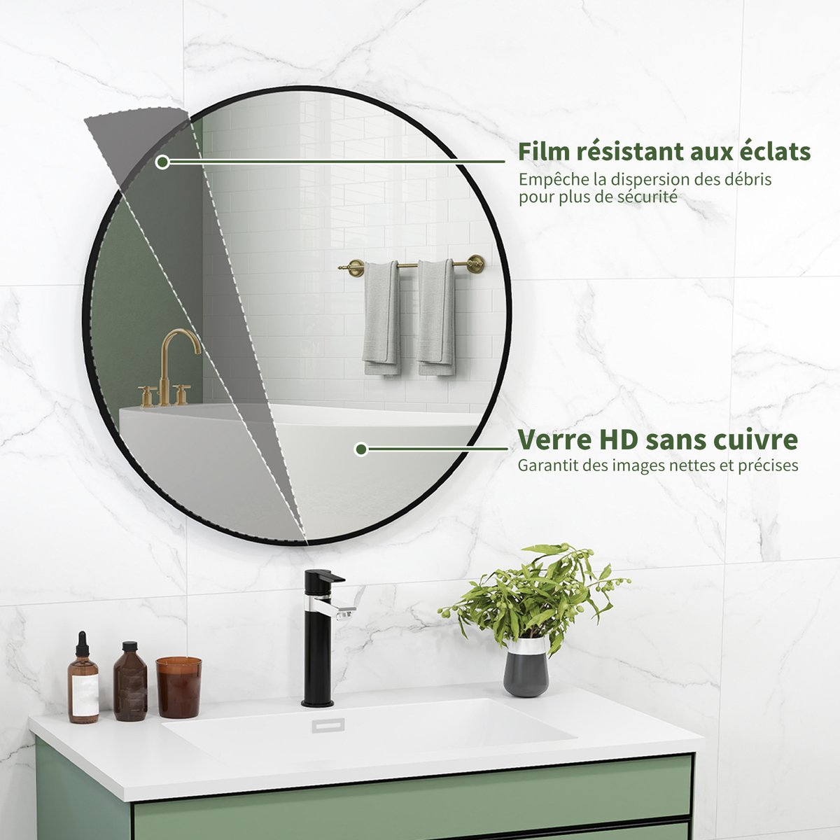 Miroir de salle de bains Verre trempé Noir noir, HOMCOM