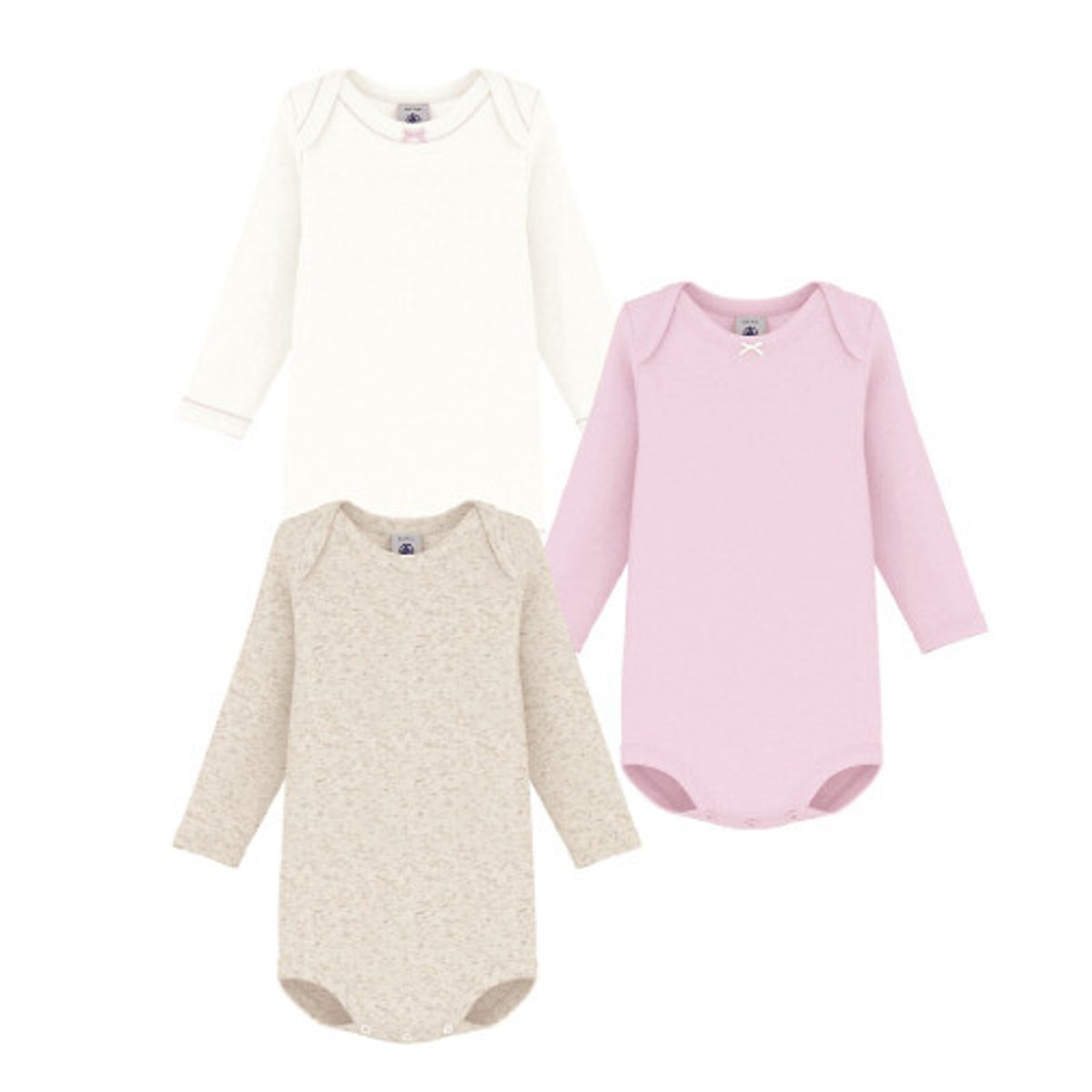 Lot de bodies manches longues en coton blanc + beige + rose, PETIT BATEAU