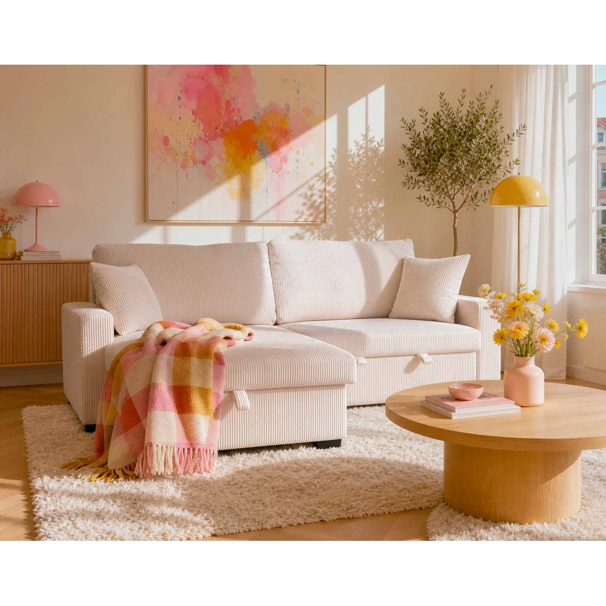 Canapé d'angle convertible velours côtelé, GISELE beige, BEST MOBILIER