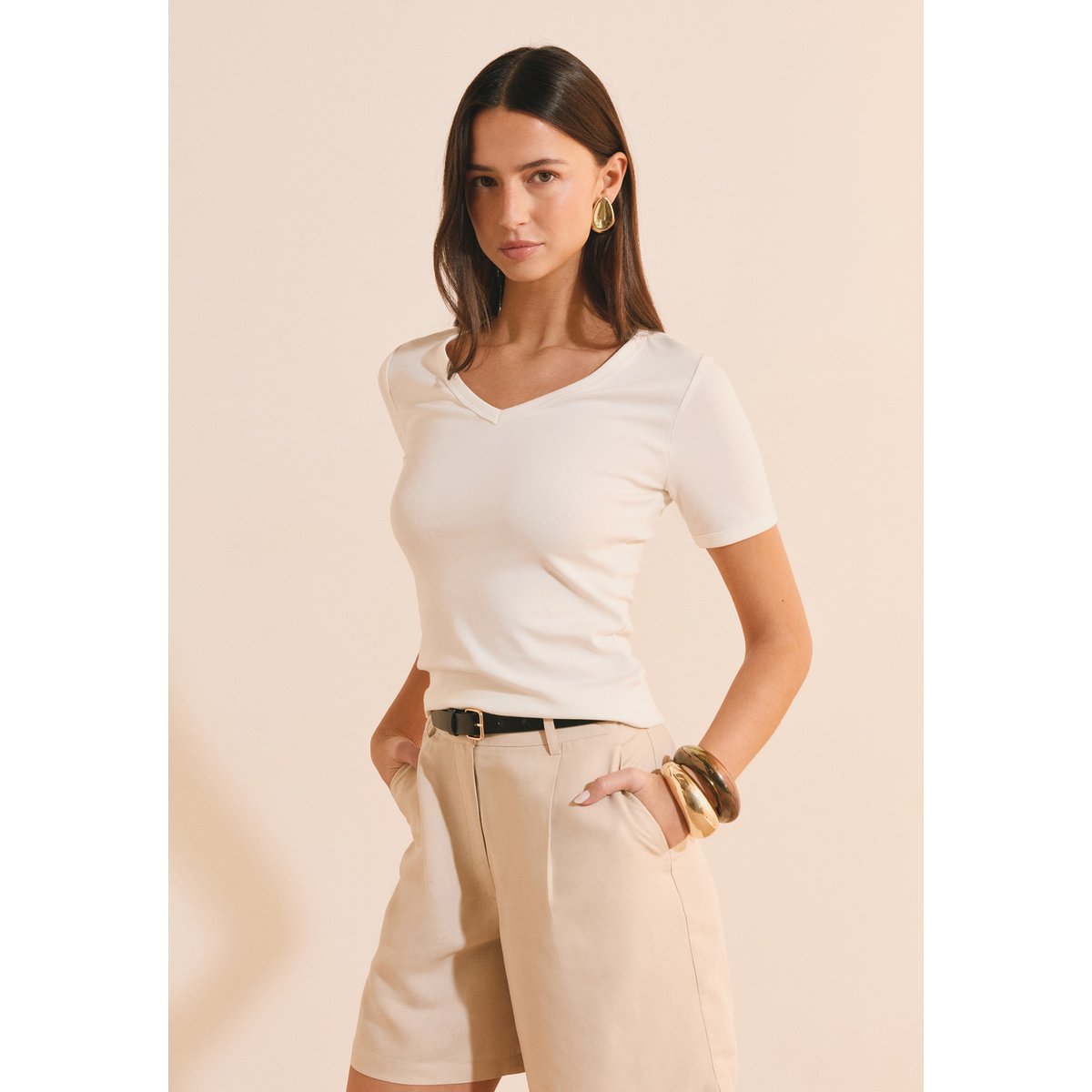 T-shirt à col V en coton modal TANDEM blanc, ETAM