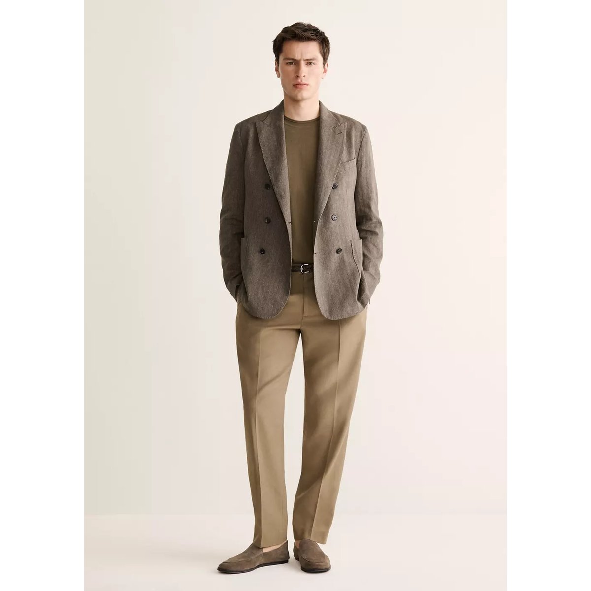 Veste croisée slim fit en mélange de lin gris vison, MANGO MAN