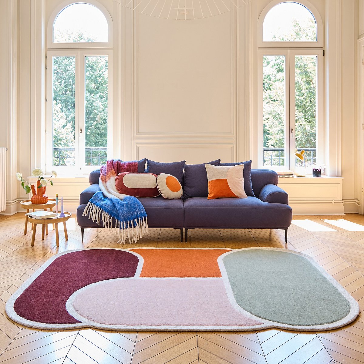 Tapis de salon laine BERYL bordeaux, orange, rose poudré, bleu ciel, multicolore, HABITAT