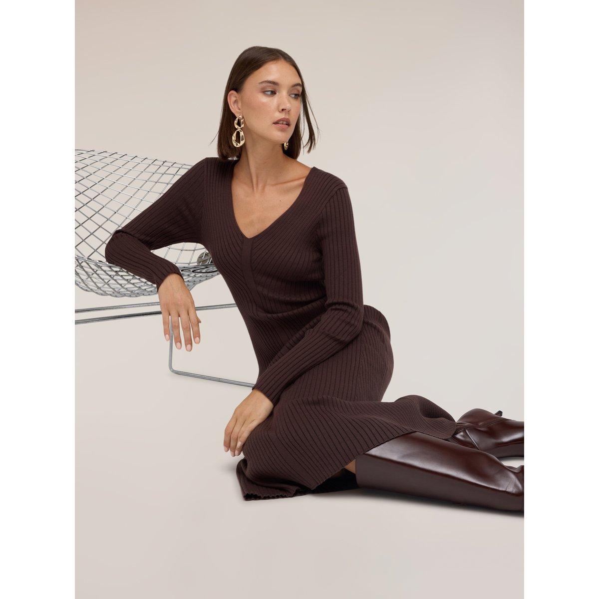 Robe évasée côtelée marron, MOTIVI
