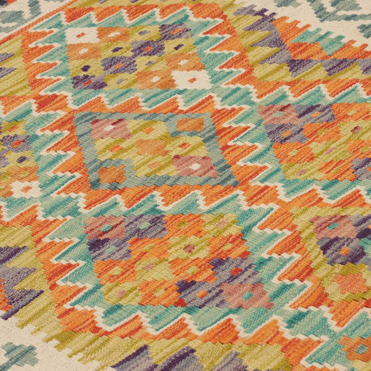Tapis d'orient à motif géométrique, tissage plat authentique multicolore, bleu, orange, UN AMOUR DE TAPIS