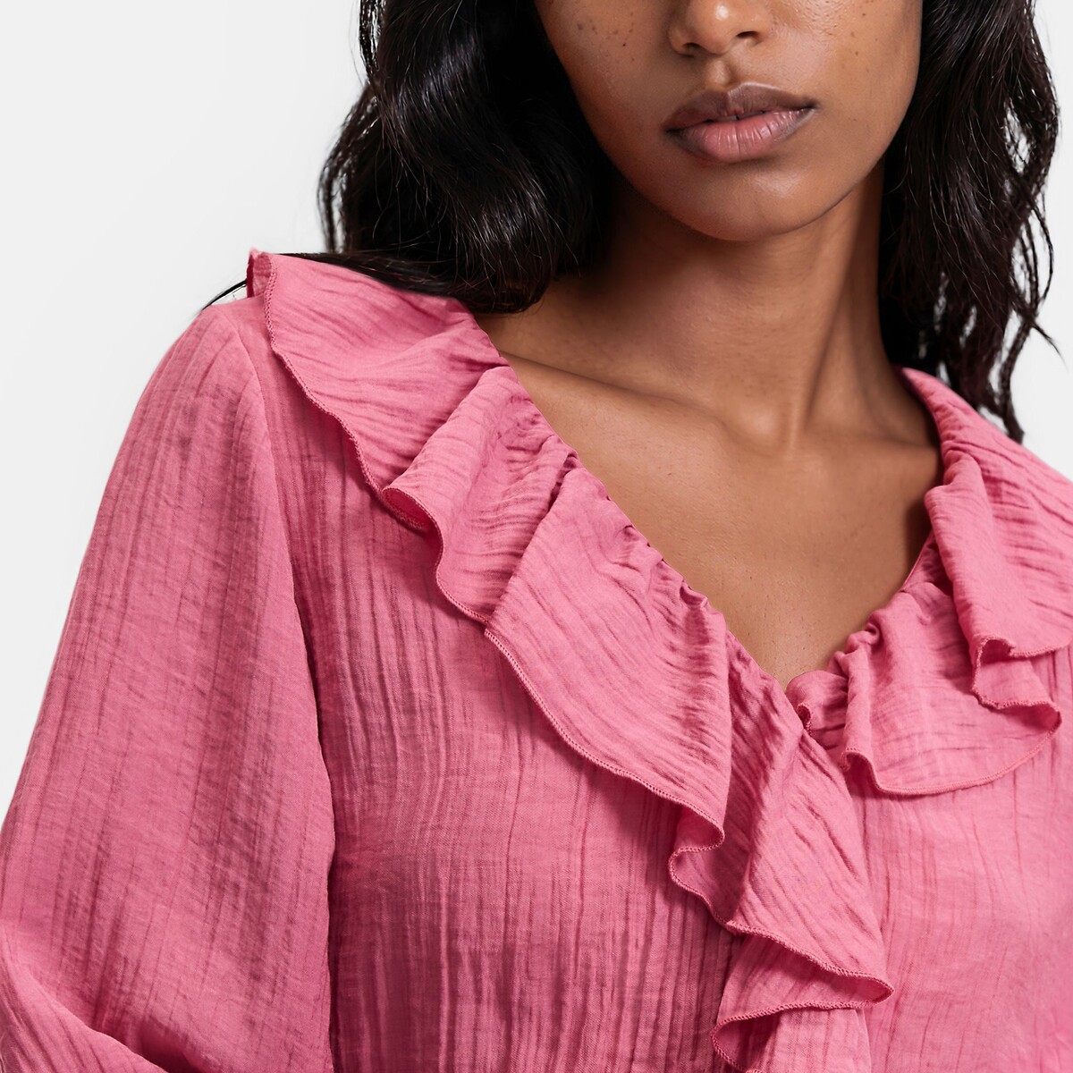 Ruffled Long Sleeve V-Neck Blouse dusty pink, LA REDOUTE COLLECTIONS