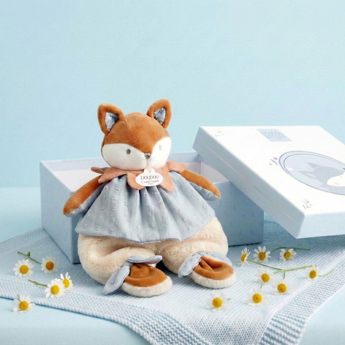 Doudou plat Renard 29 cm bleu, DOUDOU ET COMPAGNIE