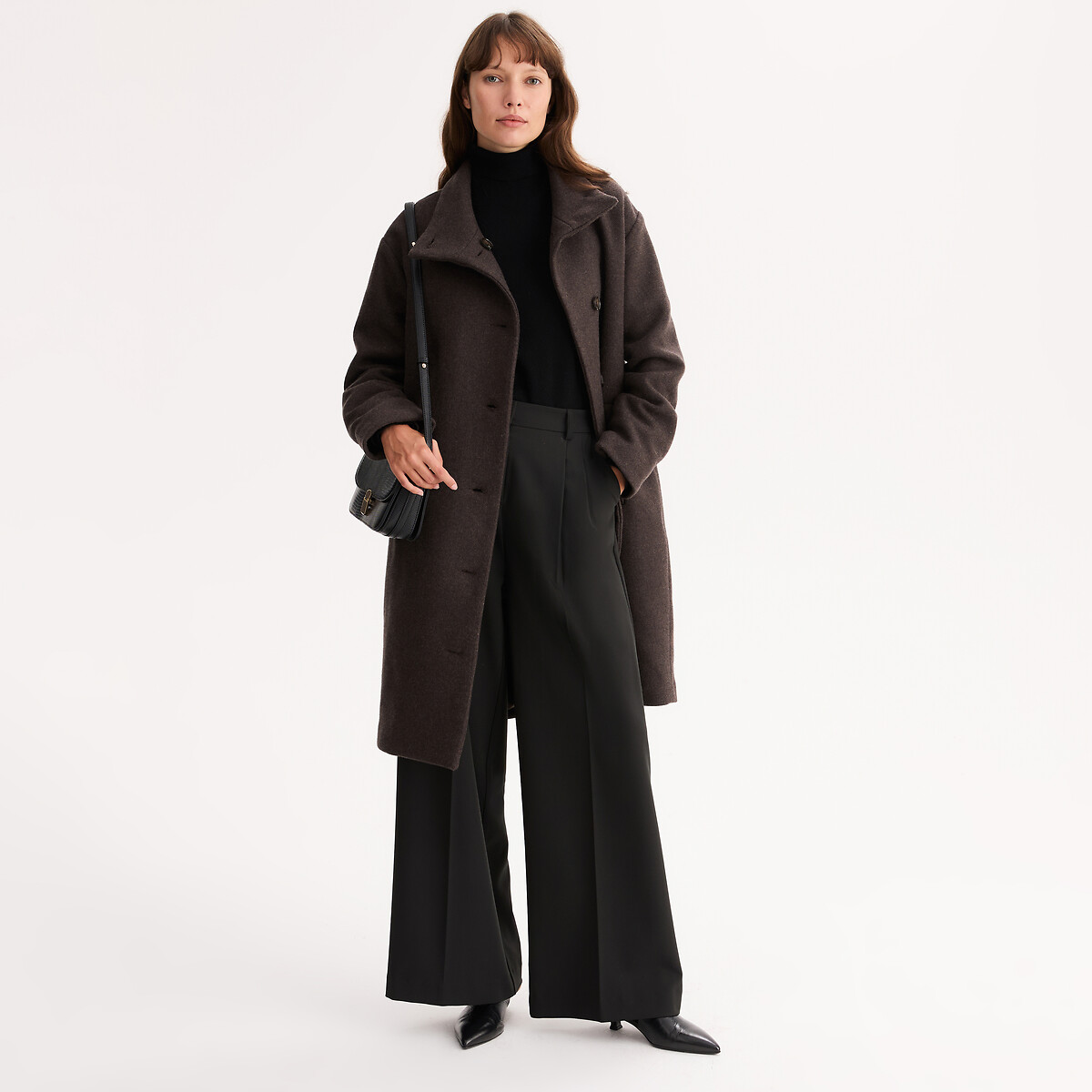 Manteau long, col montant, fermeture boutonnée en laine mélangée marron chiné, ANNE WEYBURN