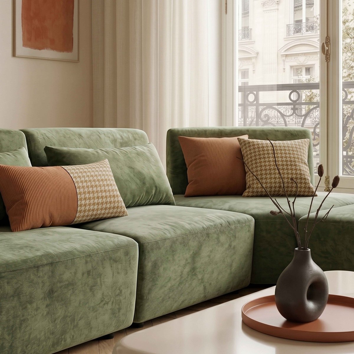 Canapé modulable d'angle 4 places en tissu avec coussins dossier ajustable, CALLISTO vert, OVIALA