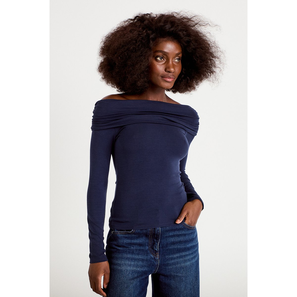 T-shirt col bardot manches longues bleu marine, CACHE CACHE