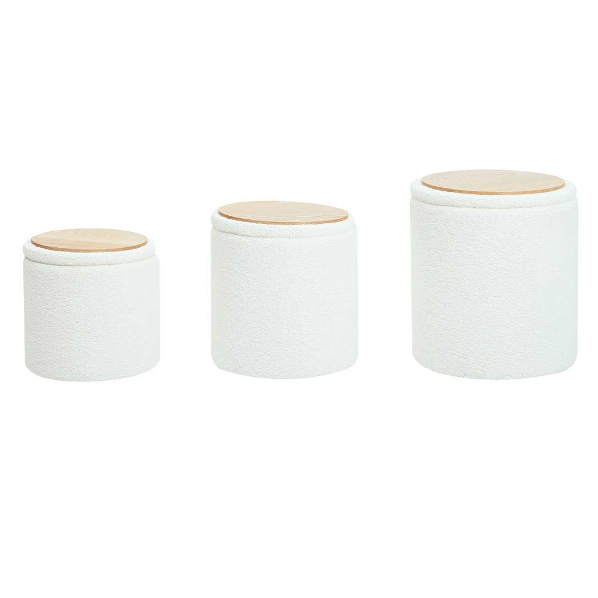 Set de 3 poufs avec rangement, bois, bouclette, NARVIK blanc cassé, NORDLYS