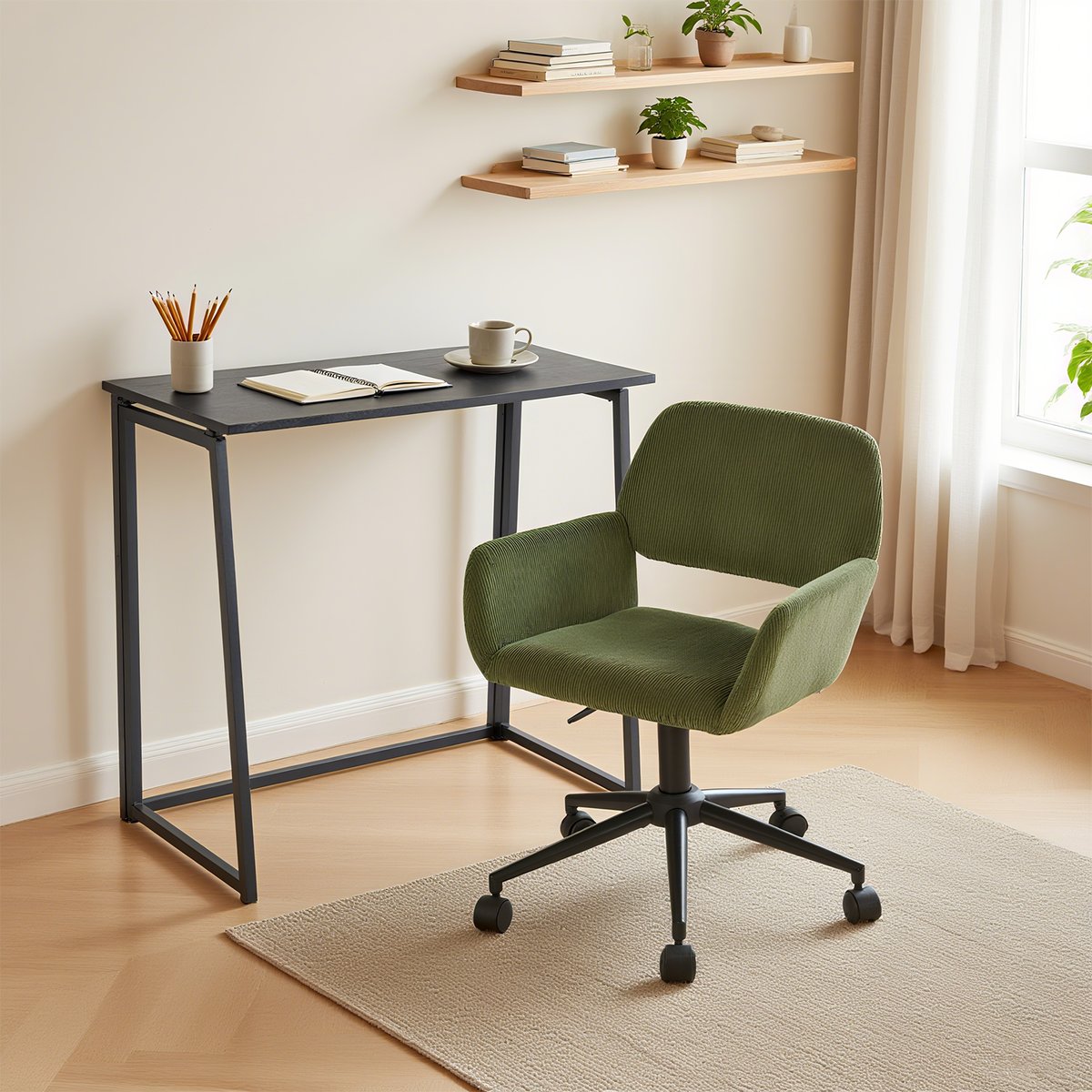 Ensemble de bureau pliable avec chaise de bureau, ASCOLI+ROSS vert noir, MEUBLES COSY