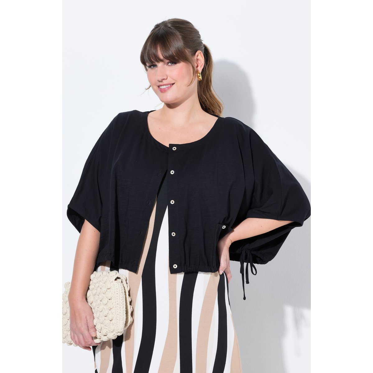 T-shirt, bande d'ourlet, col rond noir, ULLA POPKEN