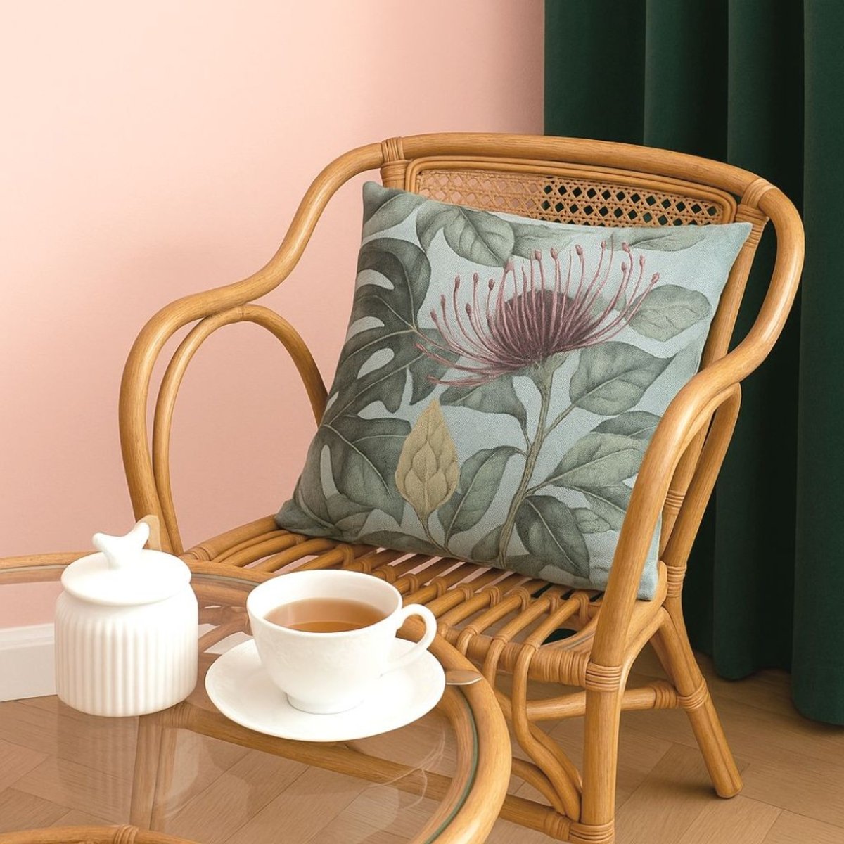 Coussin imprimé floral 45x45cm vert, ORNAMI