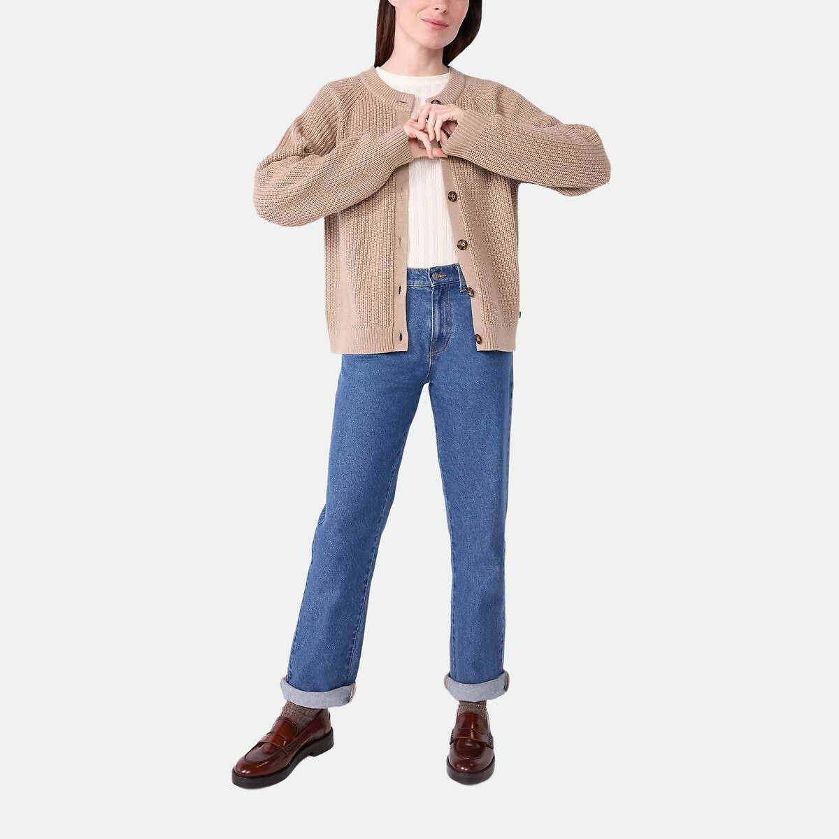 Plain Wool/Cotton Cardigan beige, PETIT BATEAU