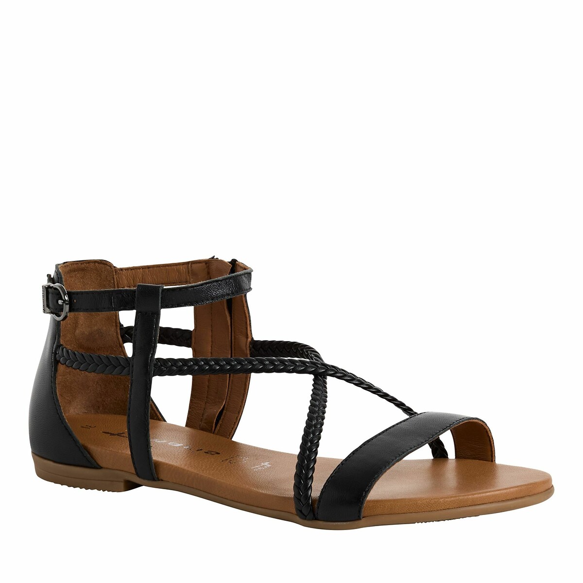 Sandales en cuir talon plat noir, TAMARIS