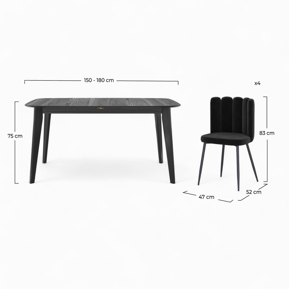 Table et chaises 4 personnes en velours - OMAN noir, MAISON PAVANE