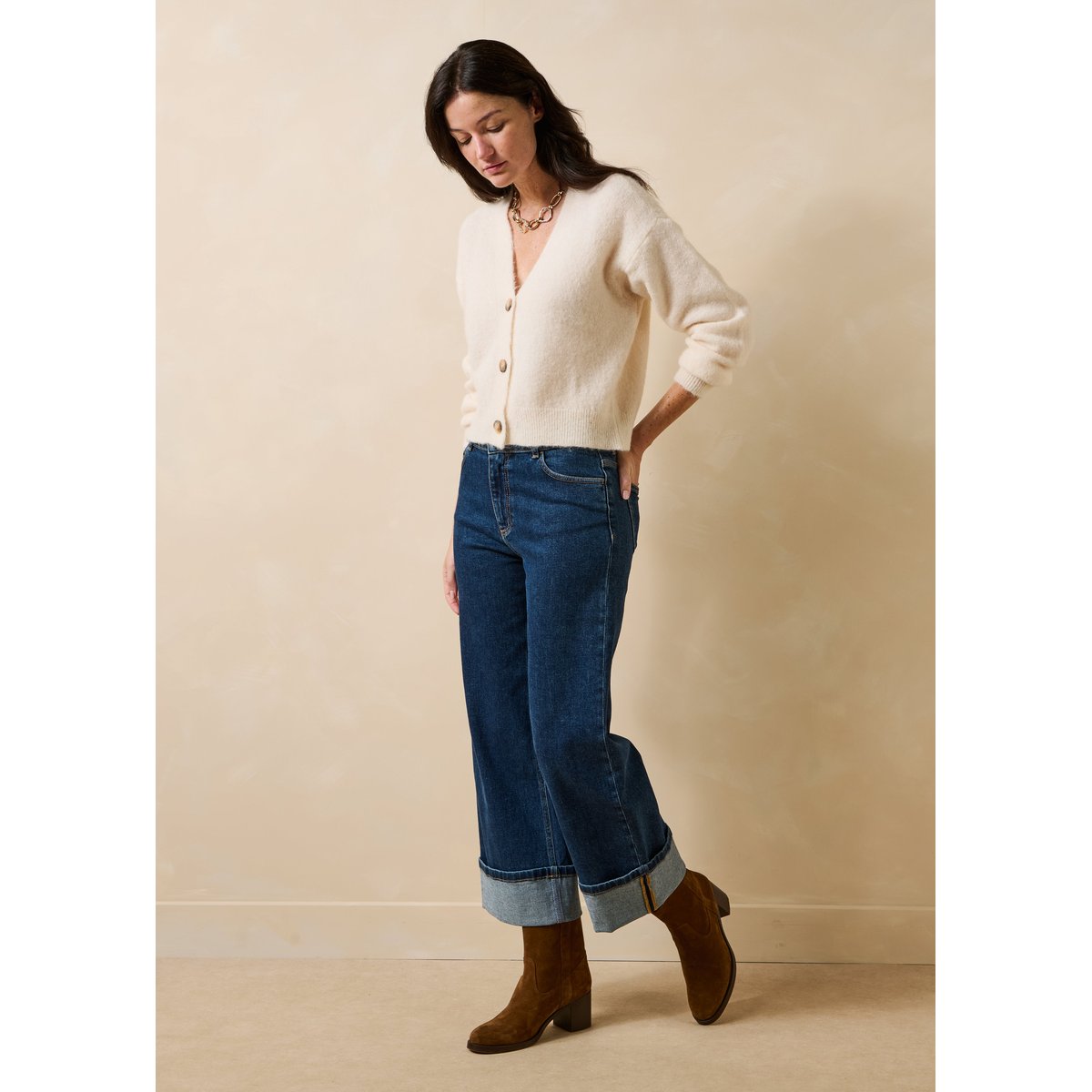 Gilet court col V manches longues ecru, LA FEE MARABOUTEE