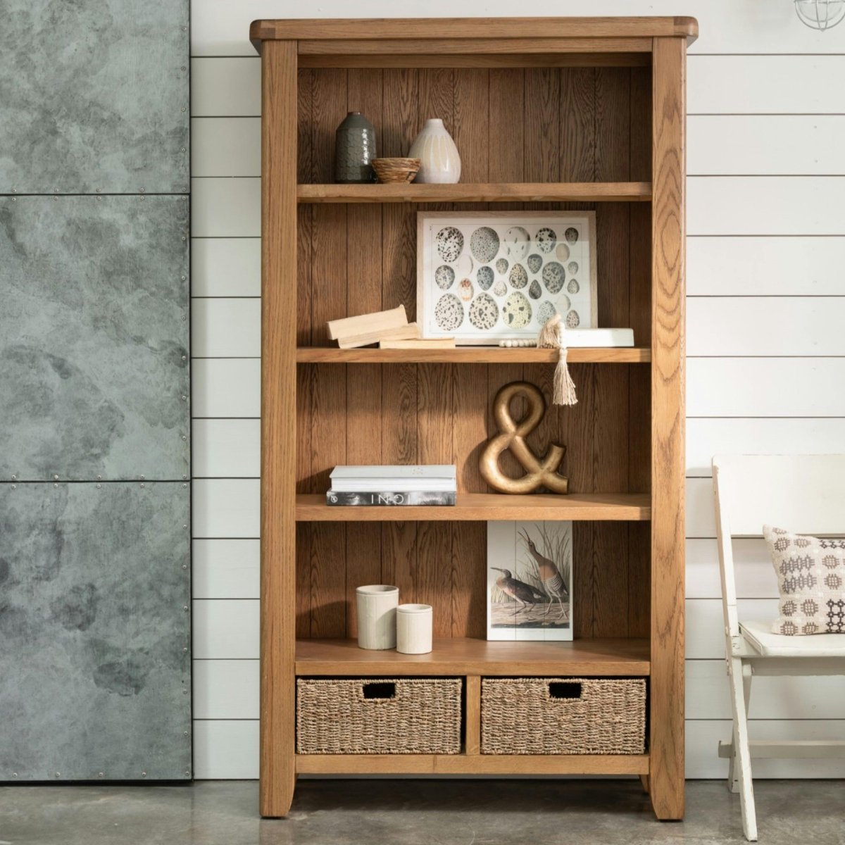 Bibliothèque chêne avec 2 paniers de rangement VALMONT bois naturel, PIER IMPORT