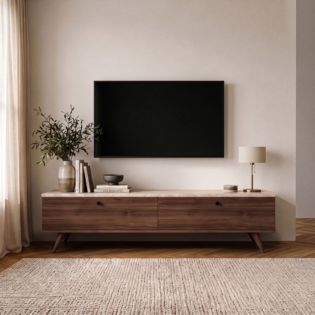 Meuble TV 2 portes plateau effet travertin et bois L160cm- YARA bois foncé, DRAWER