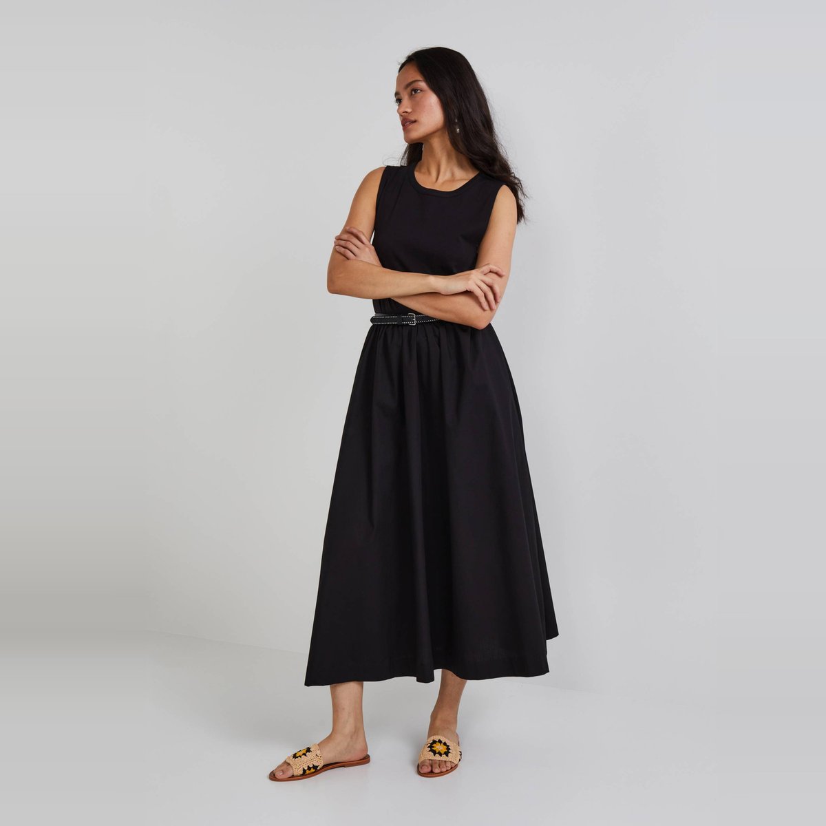 Robe longue débardeur - Col rond - Bi matière en coton BIO noir, MONOPRIX