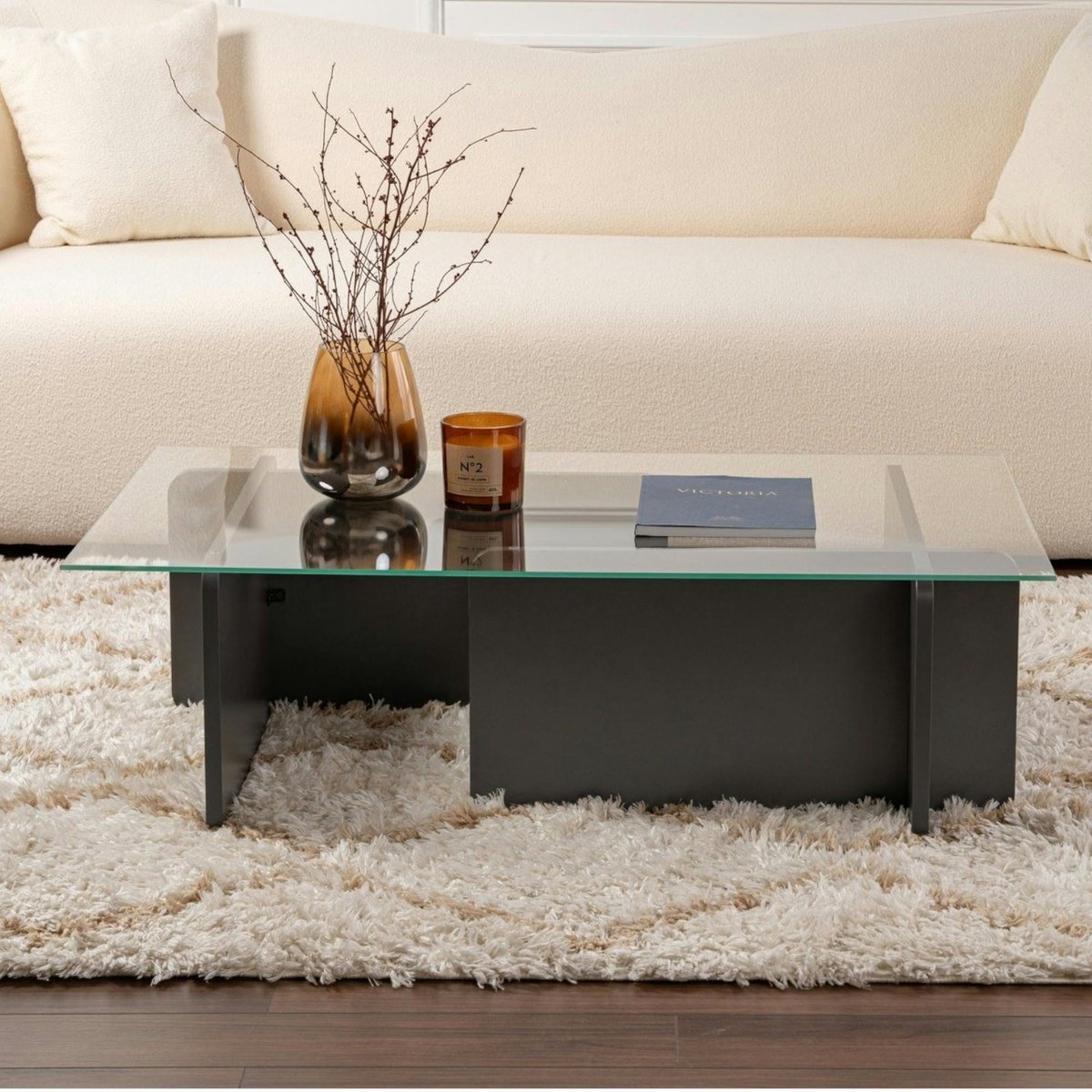 Table basse déstructurée, plateau verre SALTA anthracite, PIER IMPORT