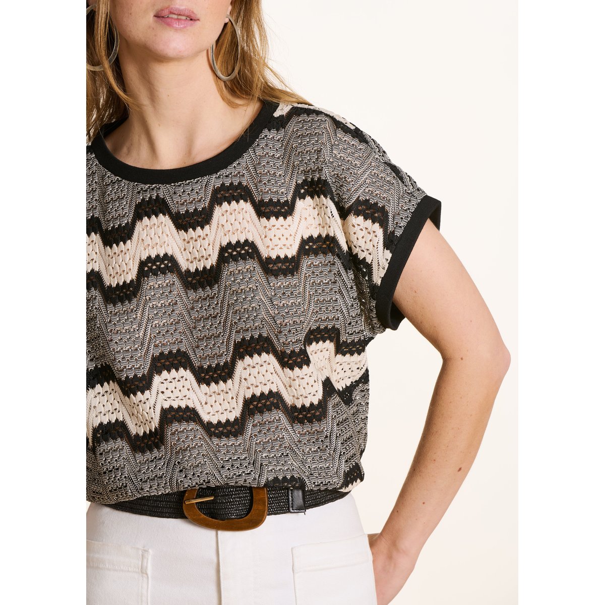 T-shirt en crochet manches courtes ecru/noir, LA FEE MARABOUTEE