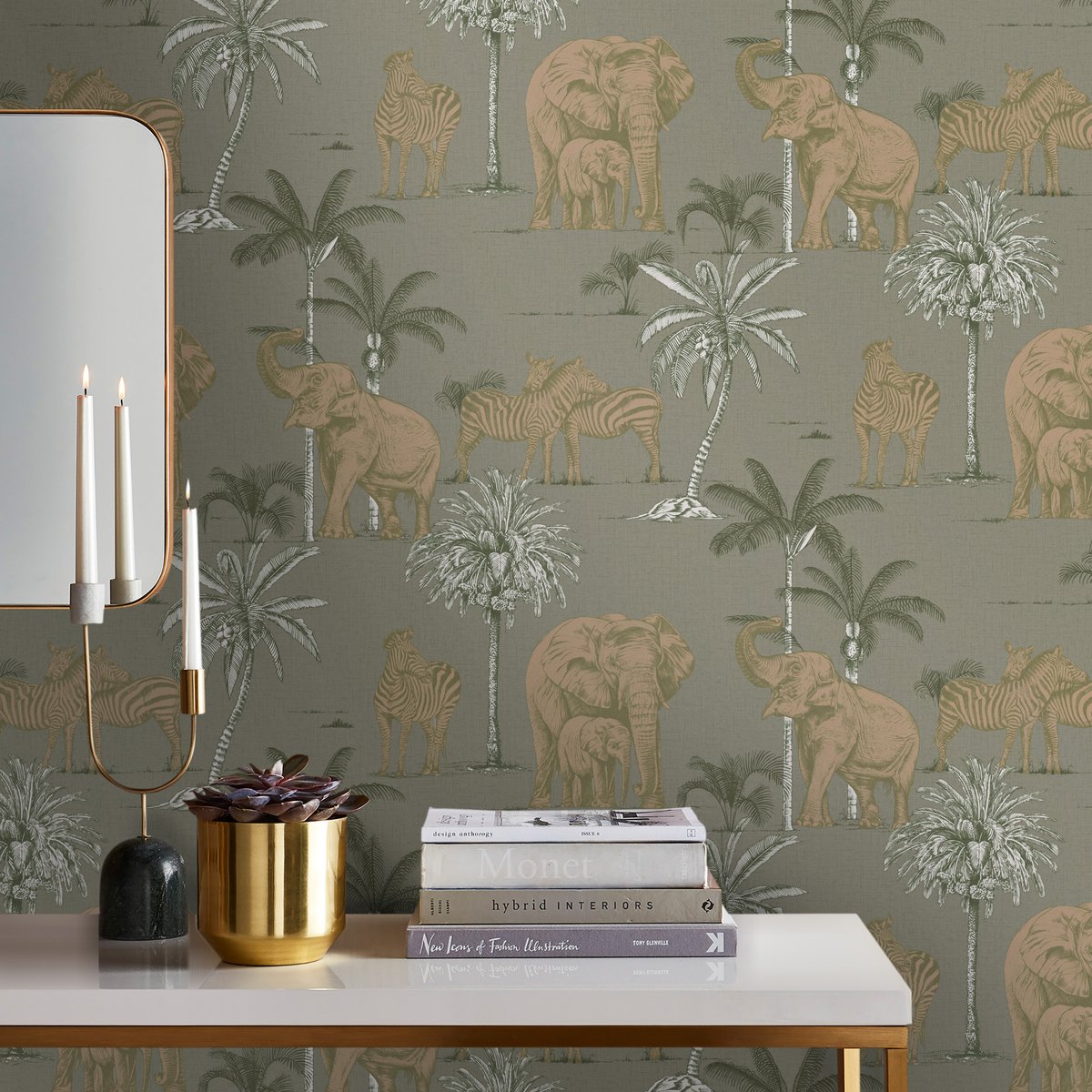 Papier peint Kenya Soft vert, ocre, SUBLIME