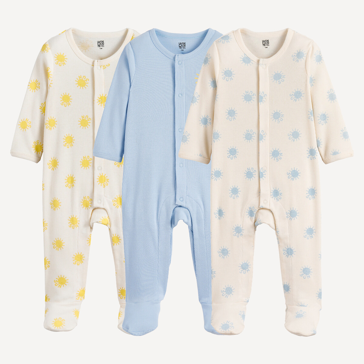 Lot de 3 pyjamas 1 pièce, en fines côtes, motif soleils assortis, LA REDOUTE COLLECTIONS