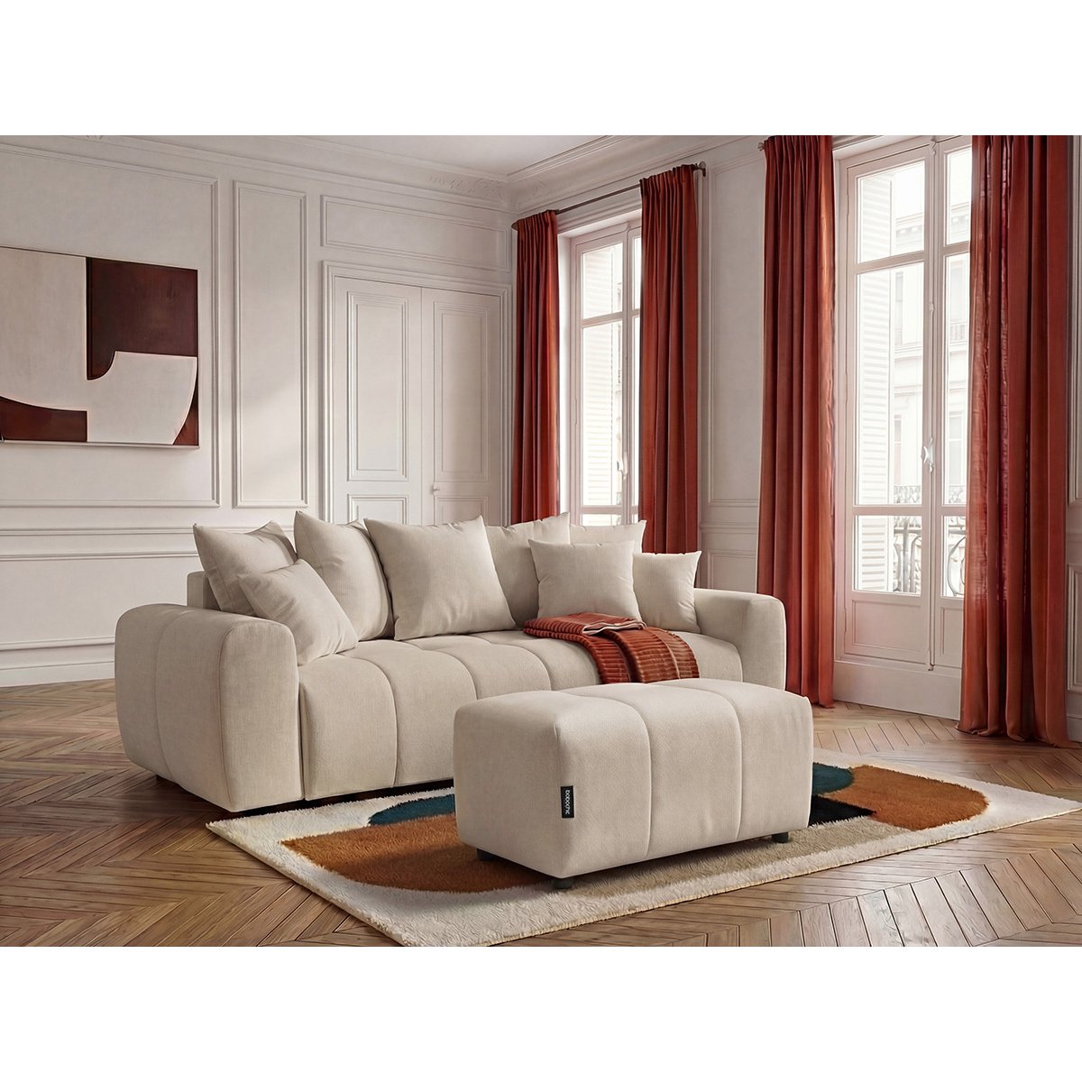 Canapé droit convertible 3 places en tissu chiné avec pouf, ROXELANE beige, BOBOCHIC