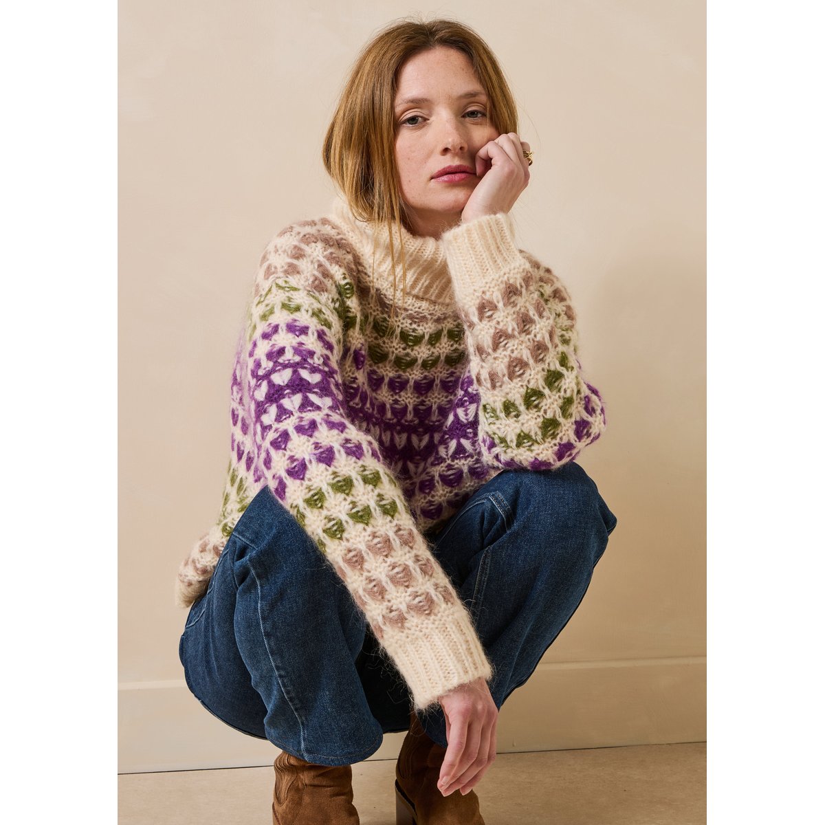 Pull col roulé manches longues cassis/ginseng, LA FEE MARABOUTEE